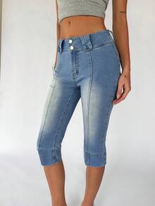 TRNVIE Fashionable Casual Wide Waistband Low Waist 7/8 Length Jeans - Light Wash - View 4