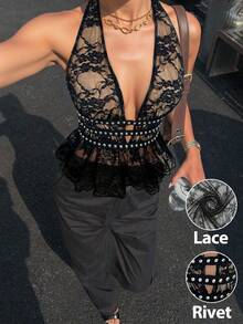 Siren Gaze Sexy Deep V-Neck Black Lace Studded Halter Top, Cinched Waist With Metal Studs And Ruffled Design, Perfect For Summer. - Brown - View 11