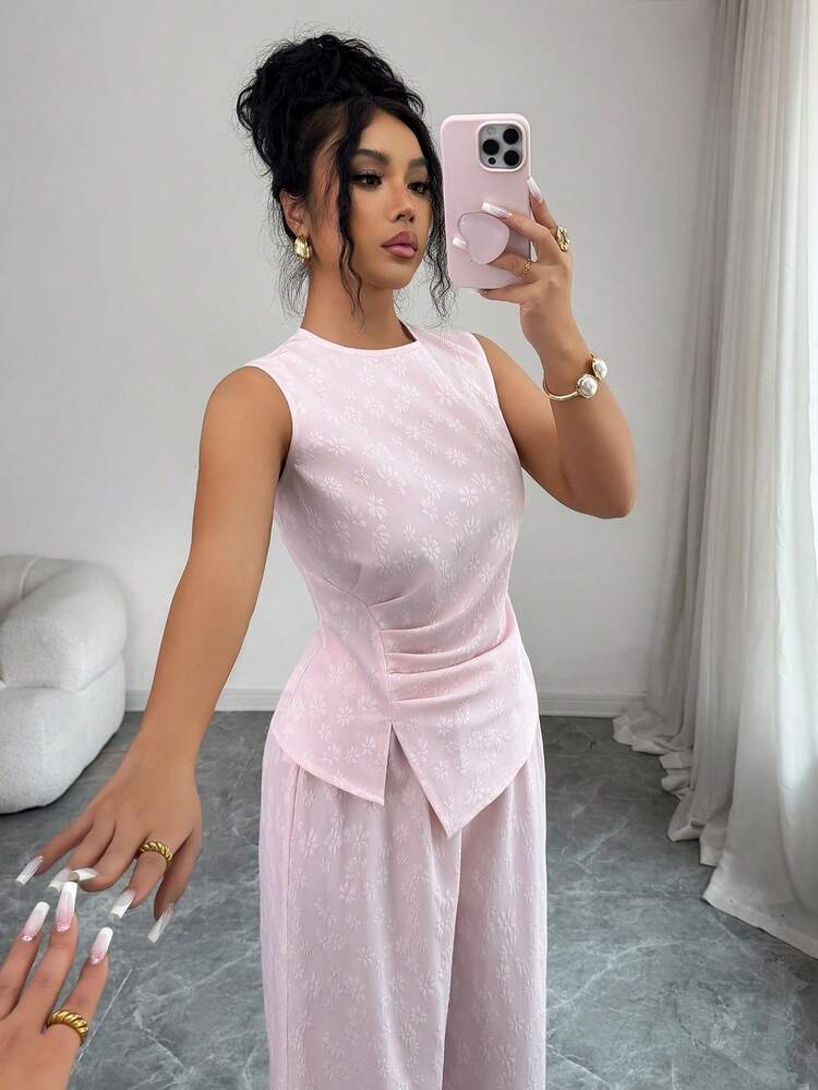 Elenzga Women's Pink Round Neck Sleeveless Pleated Split Asymmetrical Hem Camisole & High Waist Wide Leg Pants Set, Elastic Cinched Waist Design, Fashionable, Elegant, Youthful - Pink - View 7