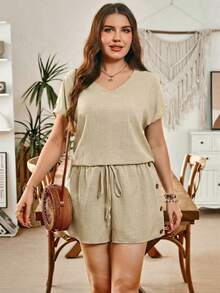 SHEIN LUNE 2pcs/Set Button Decor Khaki Summer Smart Casual Top & Elastic Waist Shorts Set,Versatile Plus Size Vacation Outfits,Boho Beach Lounge Sets For Women - Khaki - View 6
