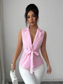 Elenzga Sleeveless Elegant Romantic Delicate Women's Thin Blazer - Pink - View 3