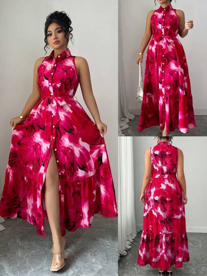 Elenzga Plus Size Women's Spring/Summer Tie-Dye Color Block Large Floral Print Sleeveless Shirt Dress With Belt, Front Button Closure, Elegant & Fashionable For Work, Casual, Daily Wear