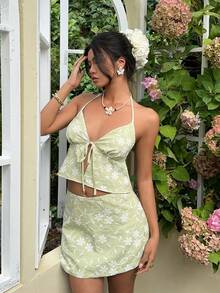 MainGRL 绿色碎花吊带背心和可爱迷你裙两件套 - 綠色 - 查看 6
