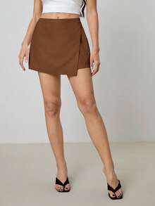 SHEIN Tall 女士纯色简约日常裹身白色半身裙 - 棕色 - 查看 8