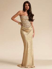 SHEIN BAE 纯金镂空花卉图案修身抹胸连衣裙，优雅连衣裙，夏季紧身镂空包臀连衣裙，适合海滩度假、派对、音乐节、早午餐、婚礼宾客、伴娘、生日等场合。 - 金色 - 查看 4