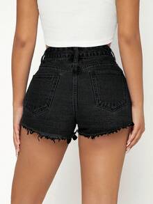 SHEIN PETITE Quần short denim bó ống rộng có túi xéo cho nữ mùa hè - màu đen - Xem 2