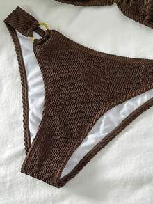 Swim Chiccia Set Baju Renang Wanita Warna Polos dengan Motif Tekstur dan Hiasan Cincin Logam, Cocok untuk Pantai & Liburan - Coklat - View 7