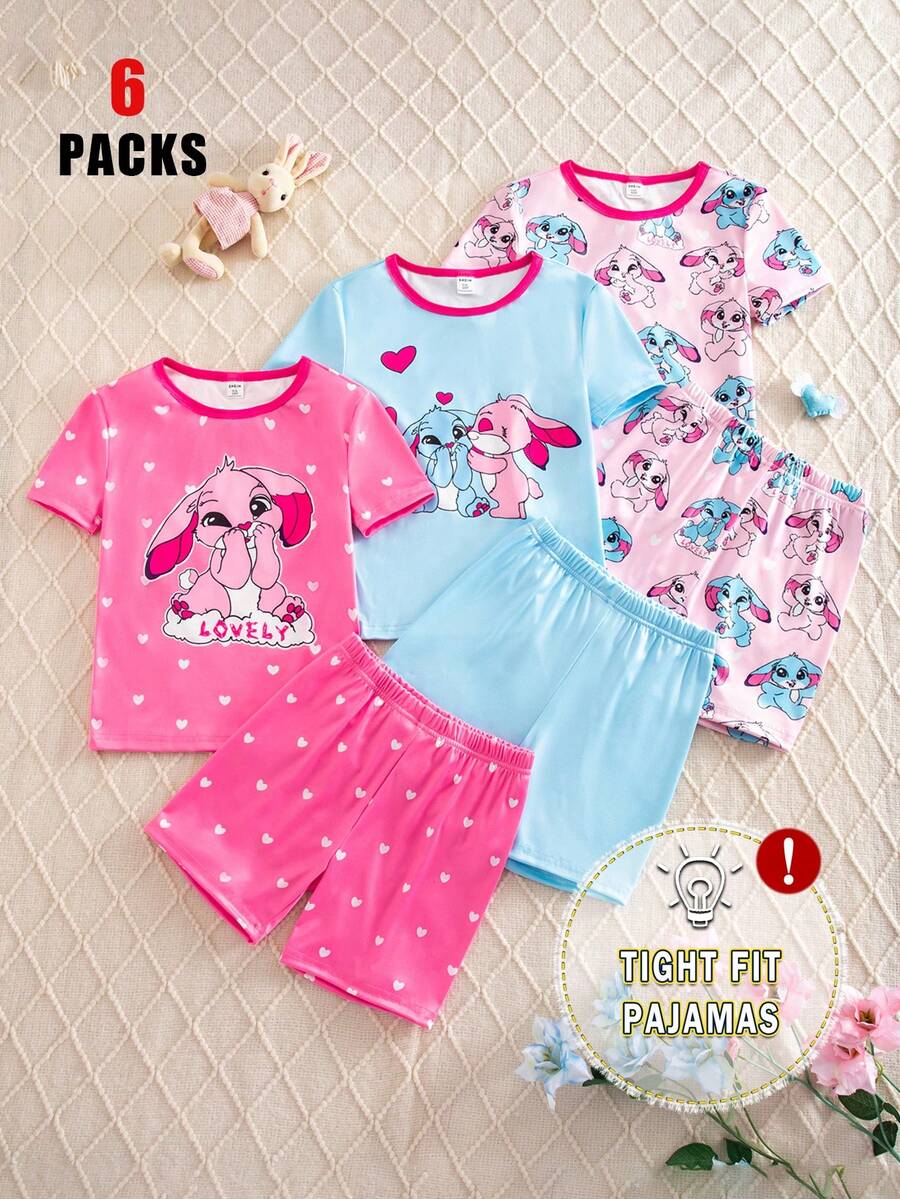 Genkimix Kids Bộ đồ ngủ 6 món cho bé gái lớn, cổ tròn, tay ngắn và quần short, họa tiết thỏ màu xanh dương và hồng tím ngộ nghĩnh, thời trang, đa năng, thích hợp mặc ở nhà và ngủ. - Nhiều màu - Xem 1