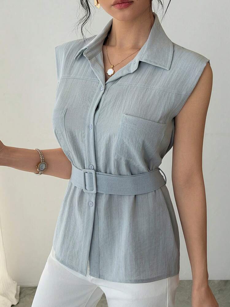 Women's Casual Solid Color Pocket Belt Shirt, Summer,Wedding Guest Dress Women