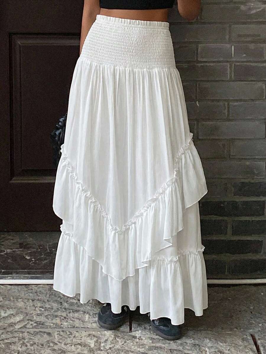 Livesso Falda suelta de mujer con dobladillo de volantes de encaje blanco y parches, adecuada para fiestas de Pascua, vacaciones de verano, primavera y verano - Blanco - Ver 1