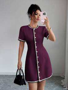 Rafferiza Elegant Business Casual Round Neck Trim Waist Short Sleeve Button Front Mini Dress, Suitable For Spring And Summer - Red Violet - View 3