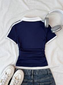 SHEIN Kaos Polo Lengan Pendek Kasual Warna Blok dengan Bordir Pita dan Busur untuk Remaja Perempuan, Musim Panas, Kaos Polo untuk Remaja Perempuan - Blue and White - View 2