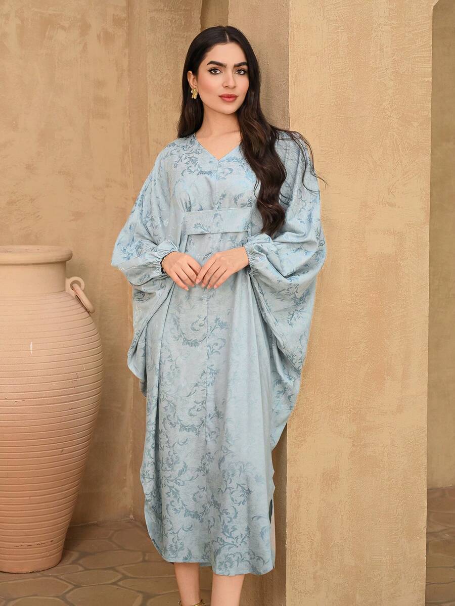 DAZY 女士优雅碎花V领宽松长连衣裙，春夏款 - 藍色 - 查看 1