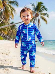 SHEIN Baby Boy One-Piece Swimsuit, Long Sleeve & Pants, Zipper Design For Easy Wear, Knitted Fabric, Cute Dolphin Digital Print Beach Swimwear - Blue - View 4