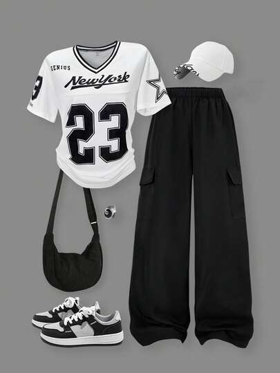 SHEIN ChillGRL Tween 女童休闲字母条纹 V 领露肩宽松 T 恤和数字图案 T 恤搭配酷炫直筒口袋工装裤 2 件套，适合春、夏、秋季的时尚服装