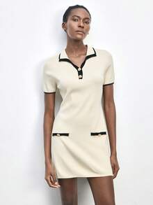 Maija Black & White Contrast V-Neck Knitted Bodycon Dress, Urban Style - Black and White - View 7