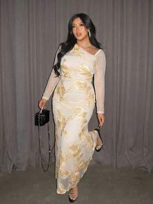 Firerie 大码女式优雅简约时尚基础款日常穿搭ins风通勤时尚达人音乐节刺绣弹力网纱不规则领口褶皱修身长袖连衣裙 - 杏色 - 查看 3