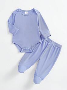 [3 Sets] Recién nacido unicolor Casual Cómodo Mono de manga larga y pantalones Conjunto de pijama de 2 piezas, adecuado para todas las estaciones - Multicolor - Ver 7