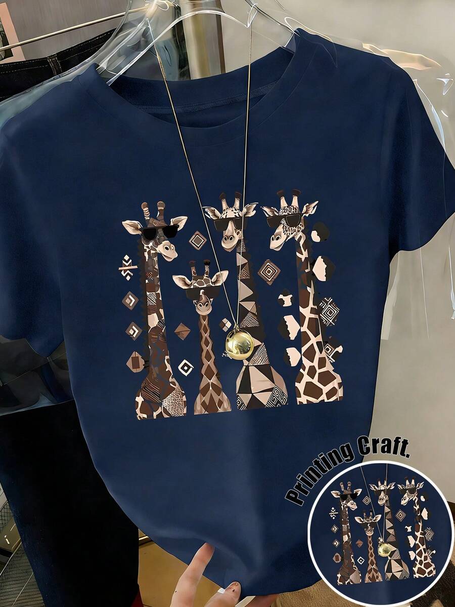 Resyla Women's Giraffe Print Short Sleeve T-Shirt - Teal Blue - View 1