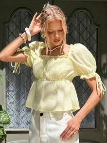 MainGRL New Cottagecore Style Light Yellow Solid Color Puff Sleeve Peplum Traceable Cotton Blouse, Ruffled Square Neck Tie Cuff Flowy Top, Summer Vacation Beach & Daily Streetwear, Business Cute Romantic Casual Babydoll Top Versatile For Multiple Occasions, Suitable As Basic Matching - Light Yellow - View 5