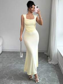 Modelyn Women's Elegant French Style Knit Patchwork Mesh Butterfly Floral Fishtail Hem Spring/Summer Dress - Yellow - View 7