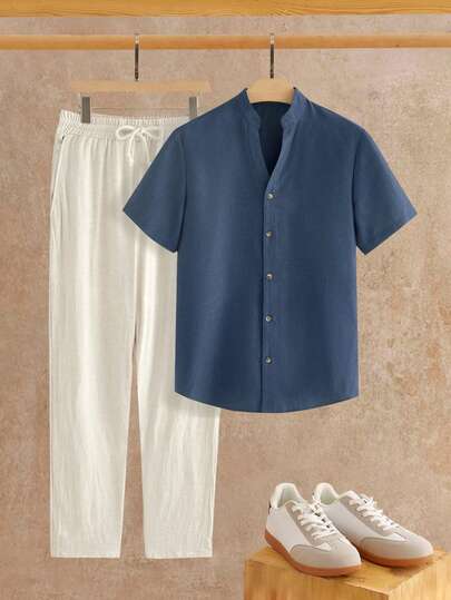 HIMLAND بدلة رجالية من قطعتين قميص كاجوال أكمام قصيرة وبنطلون لون أحادي بتصميم بسيط