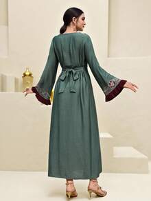 Al Najma Women's Elegant Floral Embroidered Arabic Style Dress - Green - View 6
