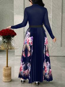 Modelyn Women Floral Print Long Sleeve Blouse And Pleated Midi Skirt 2 Pieces Set - Navy Blue - View 2