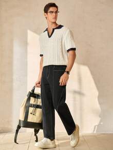 Manfinity Homme Men's Casual Loose Fit Patchwork Denim Wide Leg Pants With Pockets - Black - View 3