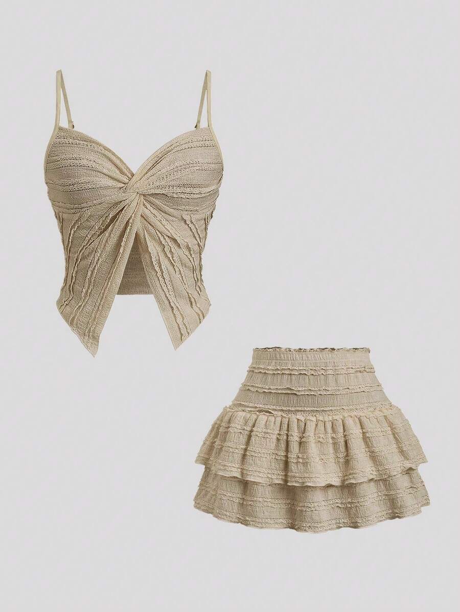 Sweetra French Sweet Ruffle Strap Twist Top & Layered Ruffle Hem A-Line Mini Skirt 2 Pieces Set For Women, Spring/Summer - Khaki - View 1