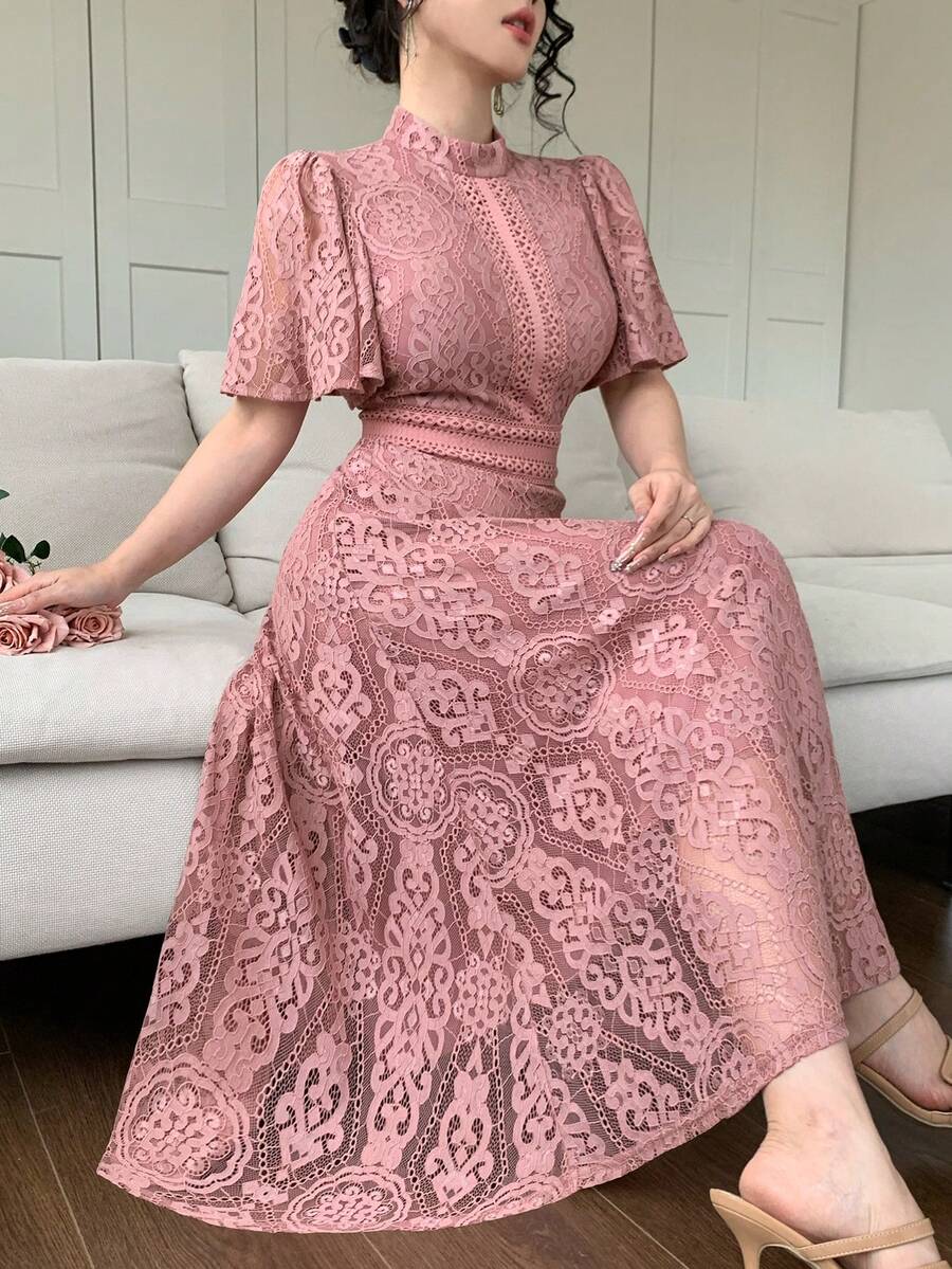 DAZY 女士优雅蕾丝立领荷叶袖长连衣裙，夏季婚礼宾客礼服 - 粉色 - 查看 1