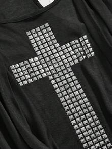 ROMWE Grunge Punk 千禧年Y2K风格深V领交叉金属铆钉修身加大码女式背心 - 黑色 - 查看 2