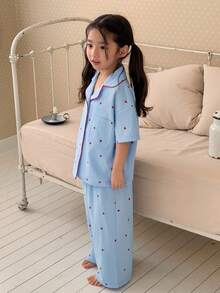 DAZY Young Girl Girls Heart Print Contrast Trim Pajama Set, Fall - Blue - View 4