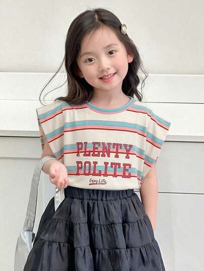 Dazy Kids 女童圆领条纹印花短袖T恤，夏季