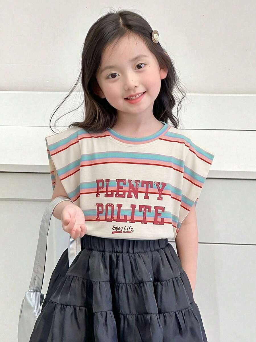 Dazy Kids 女童圆领条纹印花短袖T恤,夏季 - 彩色 - 查看 1