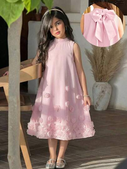 SHEIN Tween Girl Casual Elegant Positioned 3D Flower Back Pleated Big Bow Decor Stand Collar Sleeveless Dress, Suitable For Party, Wedding, Holiday, Flower Girl Dress, Pink Dress