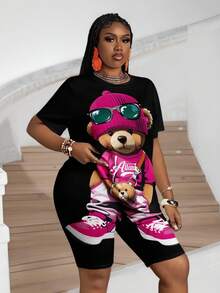 SHEIN CURVE+ Bộ 2 món dành cho nữ cỡ lớn, kiểu dáng thường ngày, họa tiết gấu hoạt hình dễ thương, áo thun ngắn tay và quần short, thích hợp cho mùa hè. - màu đen - Xem 5