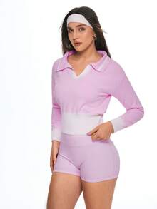 Gameset SHEIN Sport Blusa de punto de manga larga casual con cuello de contraste, corte regular - Rosa - Ver 4