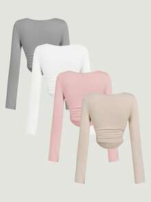 MOD 3 piezas Conjunto de camisetas de manga larga con cuello cuadrado y pliegues para mujer, ropa de abrigo, otoño, blusas para salir, vacaciones, blusa marrón - Multicolor - Ver 2