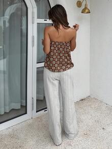 DAZY Women's Summer Vacation Plaid Bandeau Top & Striped Loose Pajama Pants Sleepwear Set - Brown - View 2