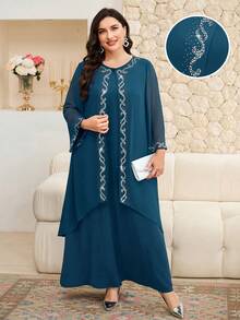 Modelyn Plus Size Elegant Rhinestone Embellished Jacket And Dress 2 Pieces Set, Autumn Fall - Teal Blue - View 2