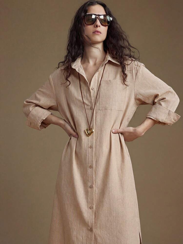 Women's Striped Shirt Dress, Loose Long Casual Dress For Urban Commute, Business, Vacation, Beach, Wedding Guest, Elegant Dress