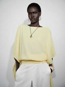 SHEIN x Rafa Kalimann Lumivelle ملابس علوية نسائية بلون موحد بياقة قارب وأكمام خفاشية فضفاضة قصيرة، توب ربيعي/صيفي بلون أصفر فاتح، توب صيفي أنيق للبرانش - أصفر - مشاهدة 5