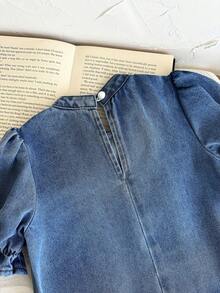 LMoss Kids Đầm ngắn tay bèo nhún 3D màu xanh denim đính ngọc trai trắng cho bé gái. - Rửa trung bình - Xem 8
