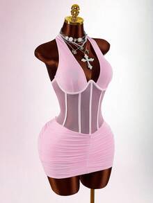 Amplova Halter Neck Sleeveless Rhinestone Waist Cinched Sheer Ruched Sexy Party Mini Dress - Baby Pink - View 12