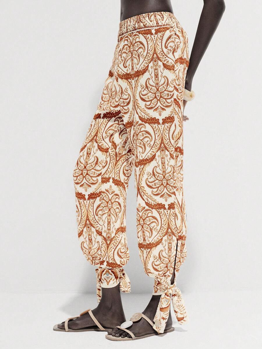 Lumivelle 腰部系带脚踝系带佩斯利花纹和腰果花印花哈伦裤 - 彩色 - 查看 1