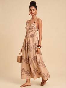 Travachic Women's Floral Print Pleated Casual Dress,Beige Summer Boho Vacation Holiday Outfits,Elegant Wedding Guest Party Dress,Mexican Style Beach Clothing - Khaki - View 5