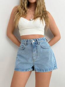 SHEIN High Waist Bow Detailed Mini Denim Short - Medium Wash - View 5