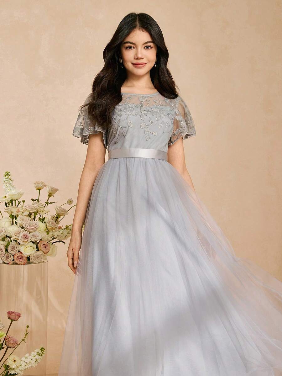 优雅刺绣网纱荷叶袖收腰A字连衣裙，适合伴娘、舞会、生日派对、宴会等各种场合，四季皆宜。 - 灰色 - 查看 1