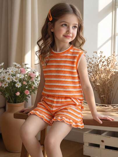 SHEIN Playful Pals 女童卡其色提花上衣短裤套装，休闲简约夏季日常穿搭；女童条纹两件套，棕白条纹针织夏季套装；女童棕色夏季套装，儿童度假装